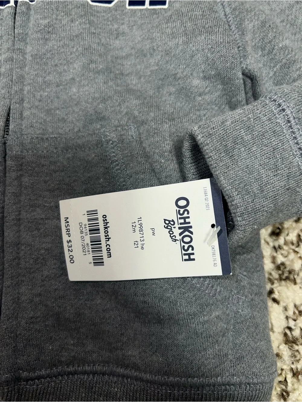 OshKosh Heather Gray Zip Hoodie with Navy Lined Hood - NWT